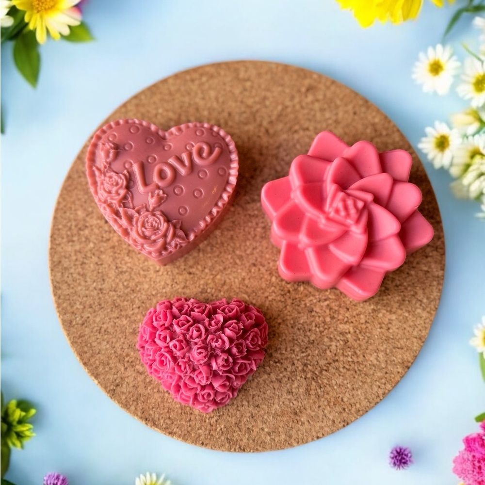 Pink Heart and Floral Handcrafted Soap Set of 3